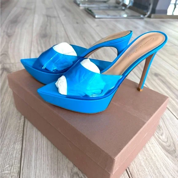 GIANVITO ROSSI Betty Glass Turquoise Platform Mules. - Picture 9 of 17